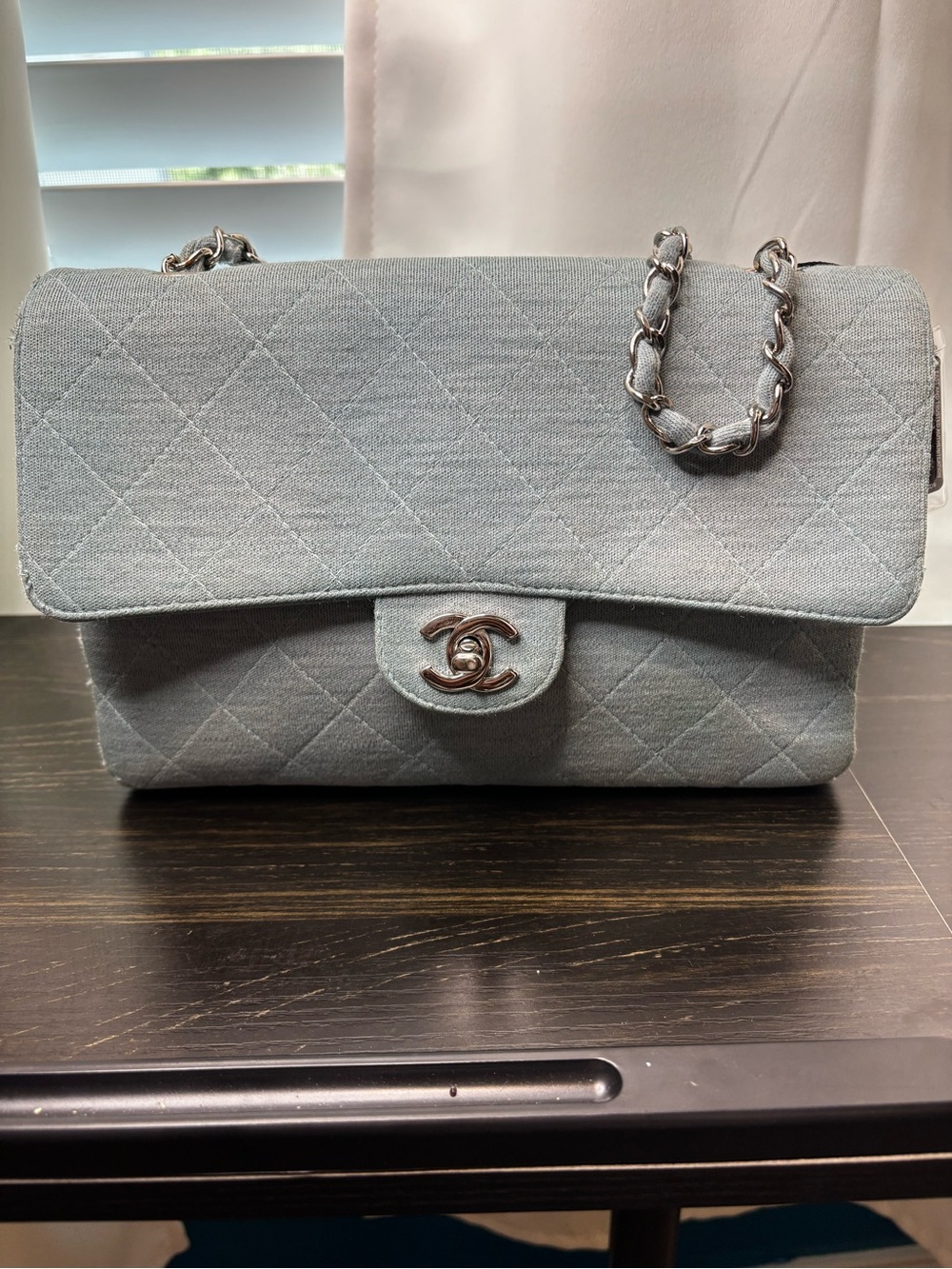 CHANEL Quilted Flap Shoulder Jersey Bag in Light Blue